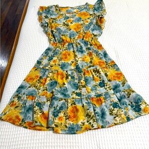 Les Amis Blue and Yellow Flowy Feminine Floral Print Midi Dress - Size M